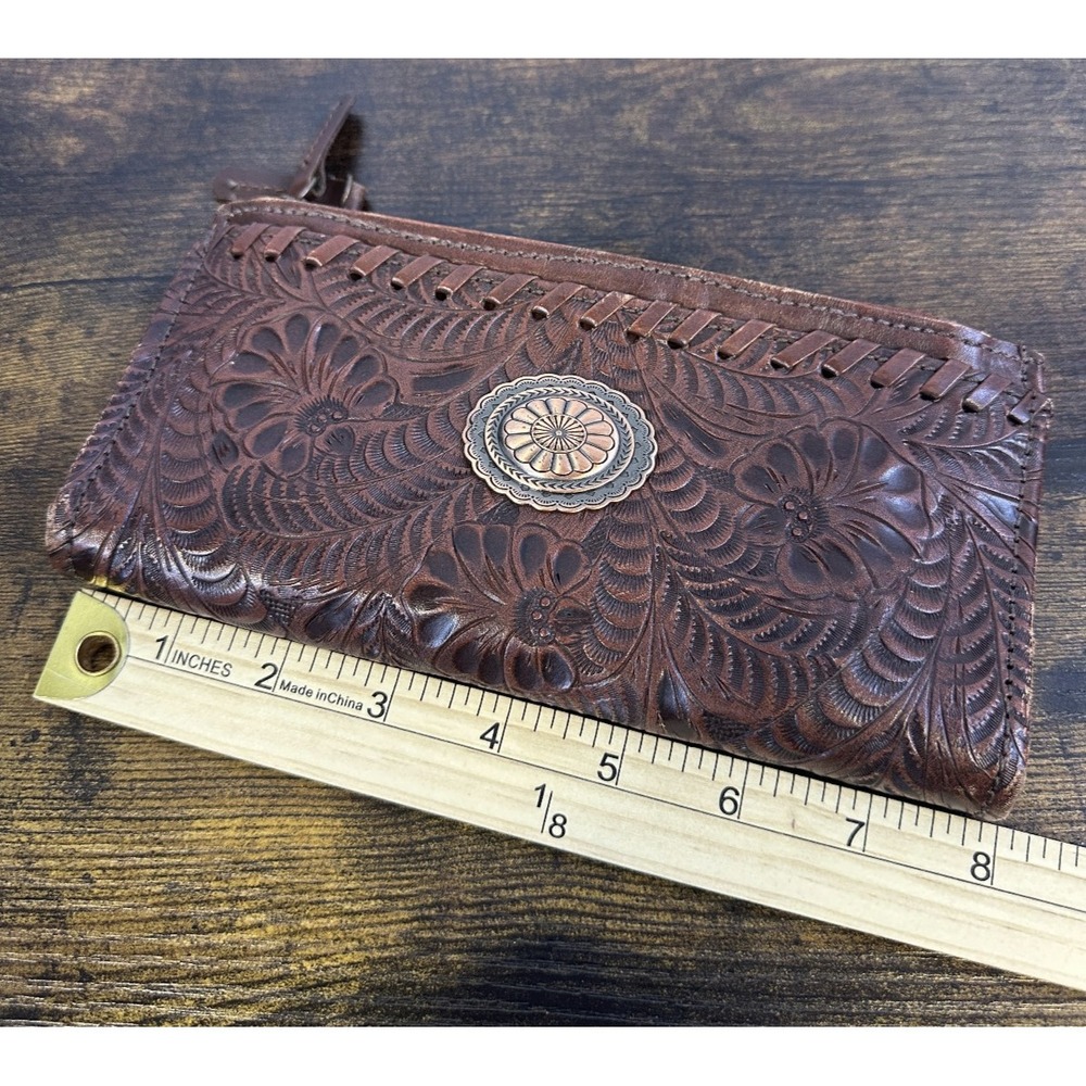 American West Tooled Genuine Leather Wallet Bi-Fold Brown Western Cowgirl - Picture 15 of 16
